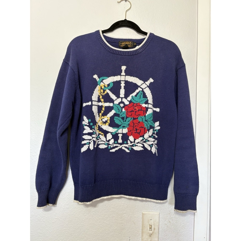 Vintage 90's Sweater Womens M Nautical Ship Wheel Roses Floral Preppy Vacation